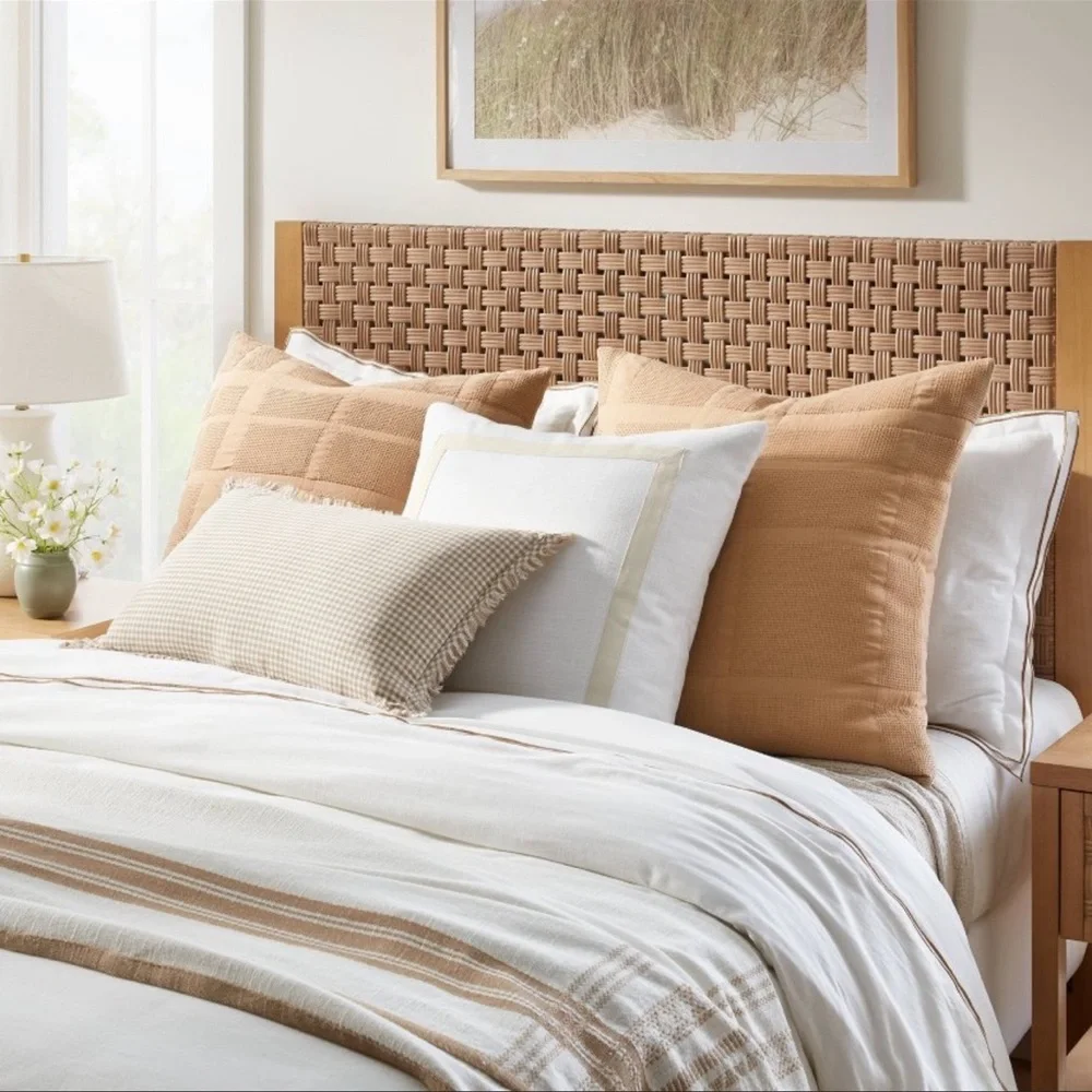 Euro Cotton Slub Border Applique Decorative Throw Pillow White/Camel